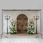 Aperturee Aperturee Rustic Arched Door Photography Backdrop White Brick Wall and Vintage Lanterns Boho Wedding Ceremony Photo Prop